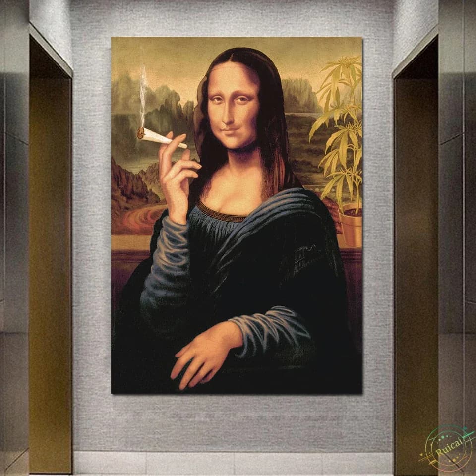 (No frame)Mona Lisa Woman Smoking Poster Canvas Painting Print Funny Wall Art Decoration Picture Nordic Modern For Living Ro