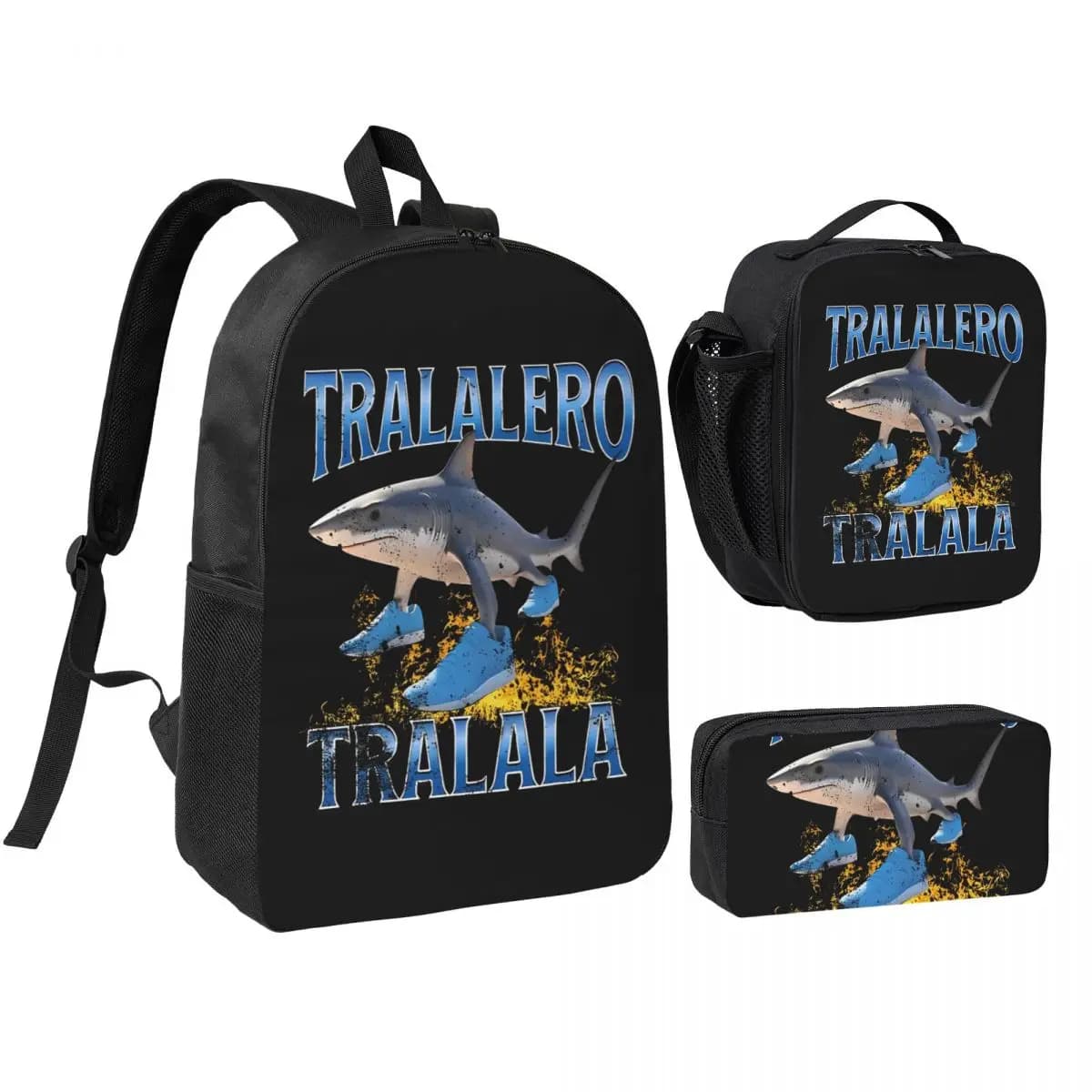 3pecs/set Tralalero Tralala Shark Meme Zaino per studente italiano Brainrot College Daypack Borsa per il pranzo Astuccio per matite
