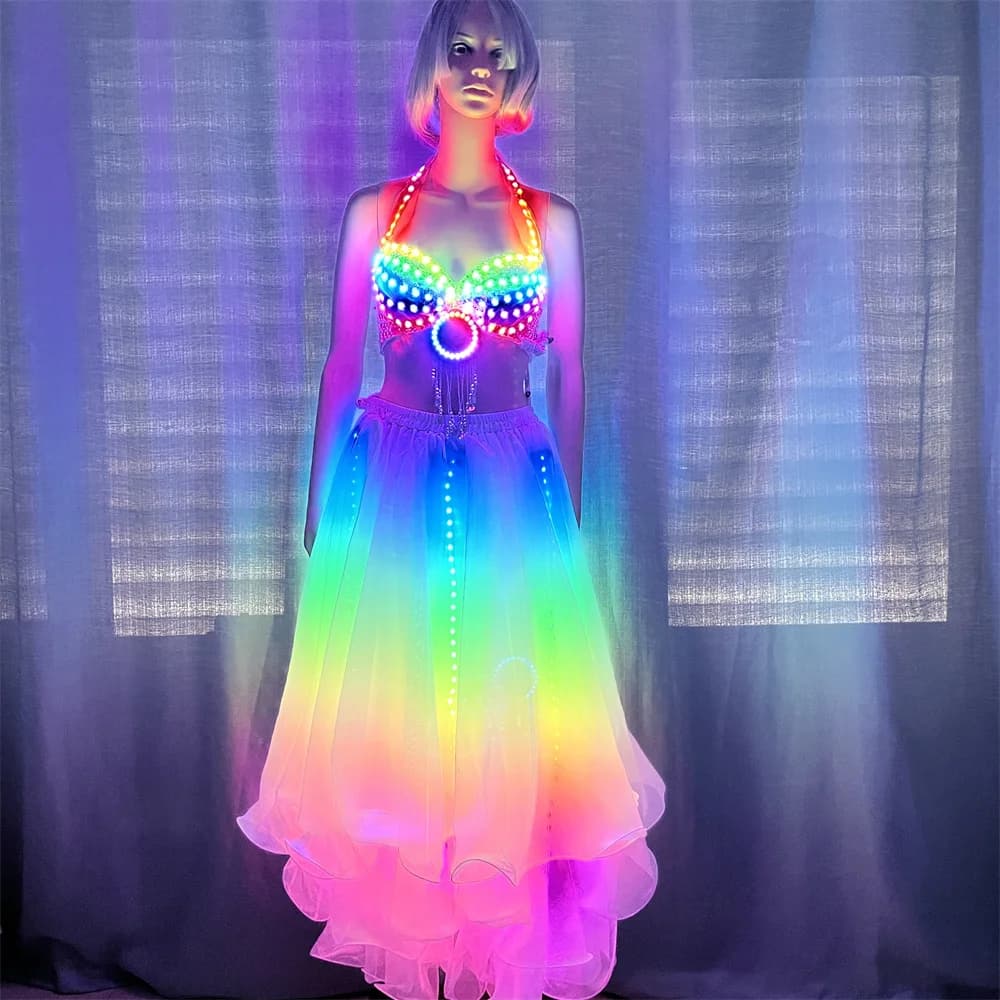 Magicool Remote RGB Donna Ragazza Costumi Led Gonna Reggiseno sexy Prestazioni commerciali Illuminazione Abbigliamento Bar Abiti da giacca DJ