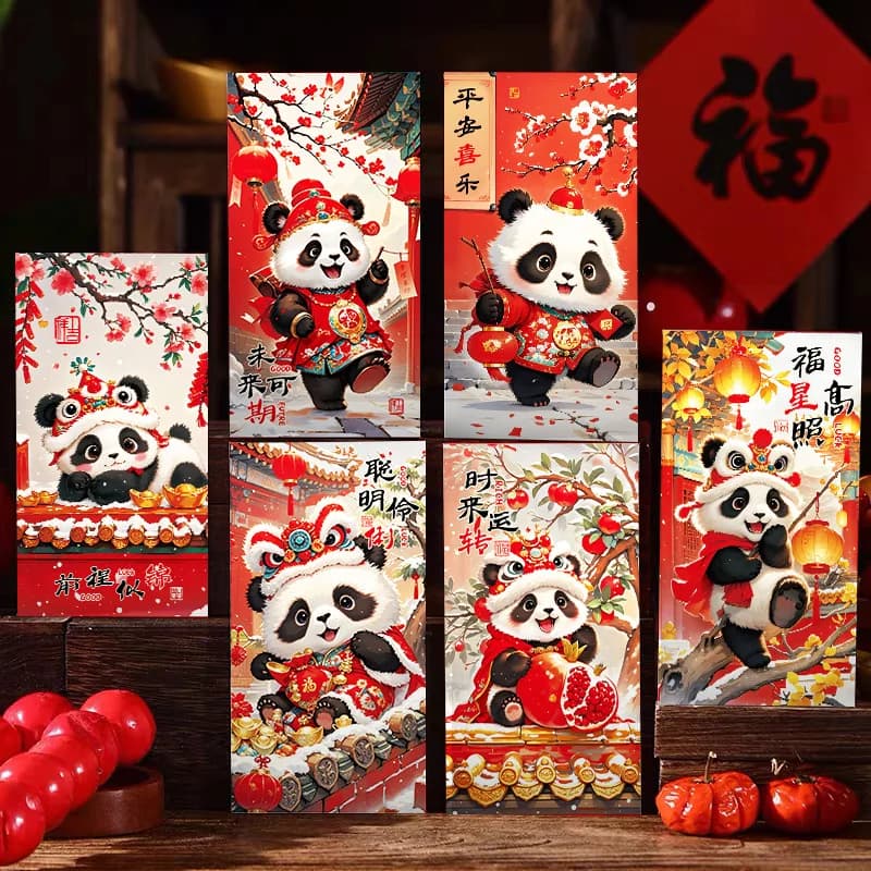 Set di 6 buste rosse in stile cinese per il Capodanno, con simpatici panda dei cartoni animati, portafoglio per la vigilia del Capodanno cinese, set per auguri e regali