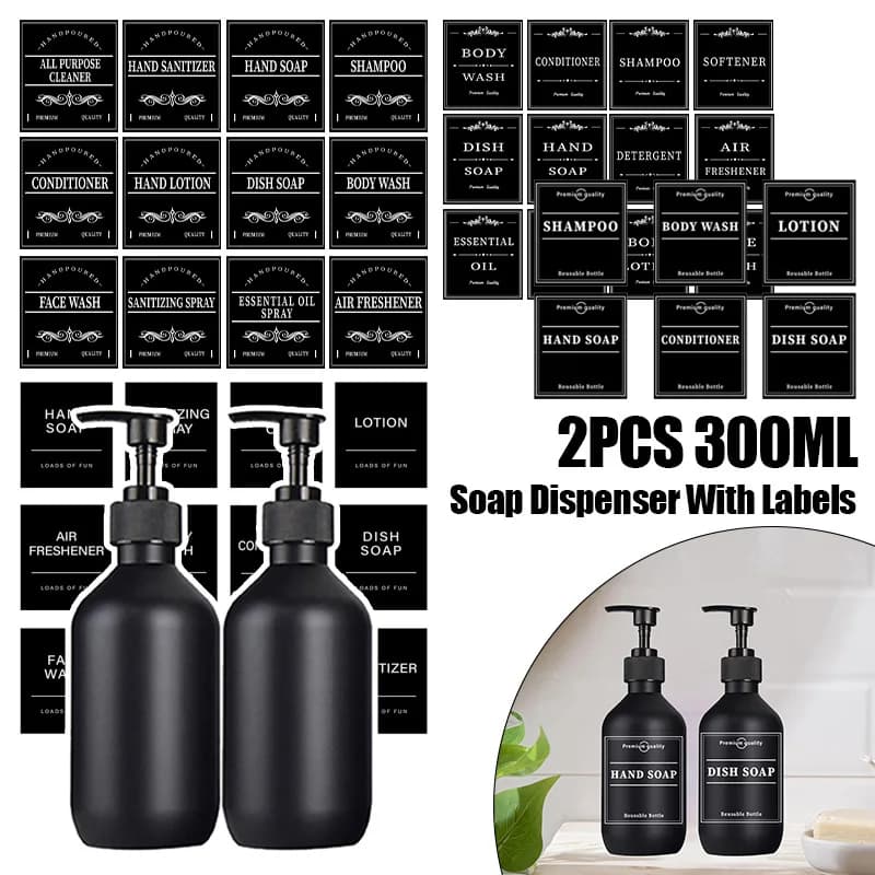 2x 300ML Bottiglia vuota di sapone nero opaco con etichetta Dispenser di shampoo Riutilizzabile Lozione Balsamo Piatto a mano Organizzatore da cucina