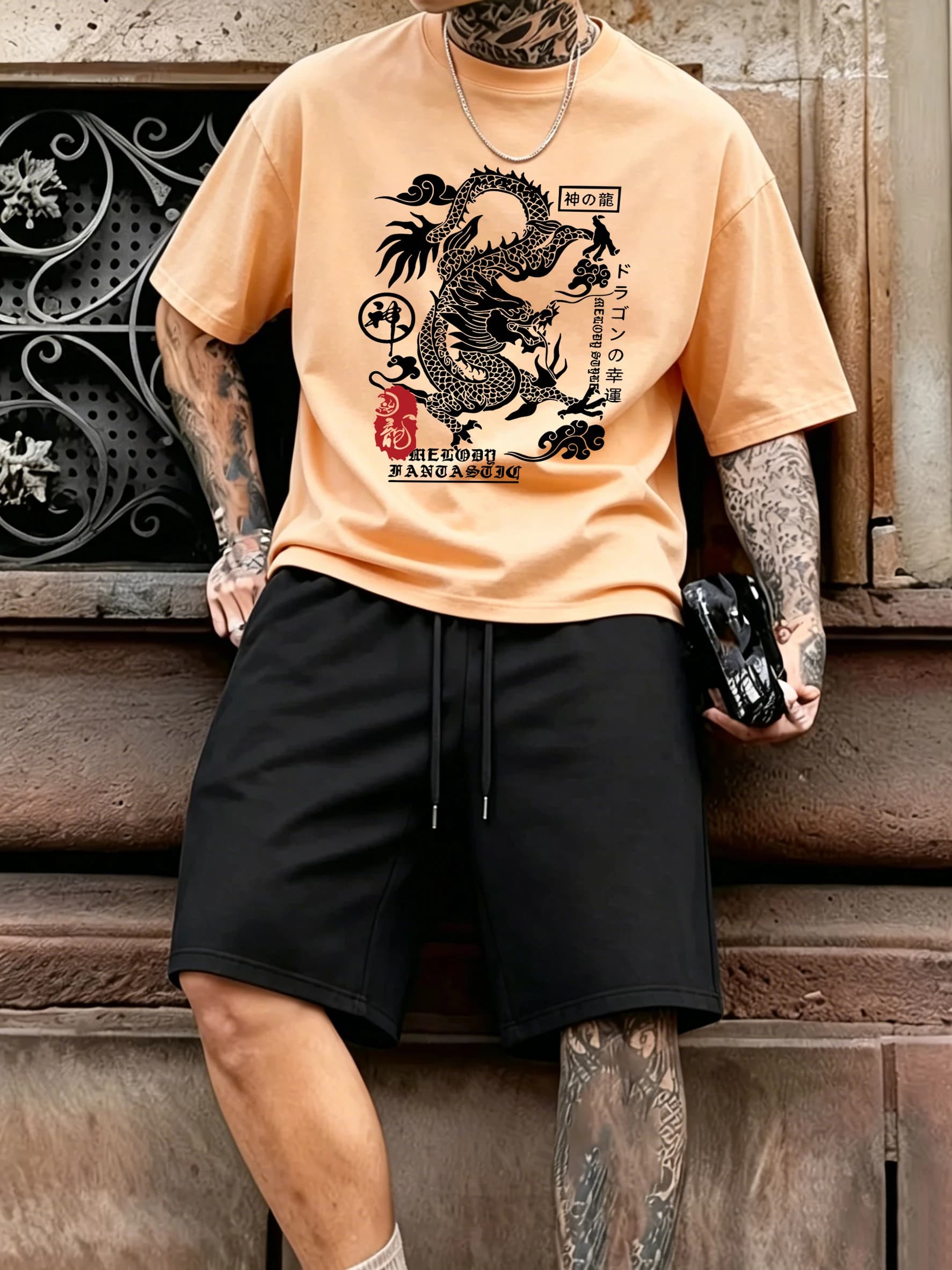 The Mysterious Ancient Chinese Dragon Print Cotton Summer T Shirt 2Pc Set Male Simple Comfy Tees & Shorts Loose Street Sportpant
