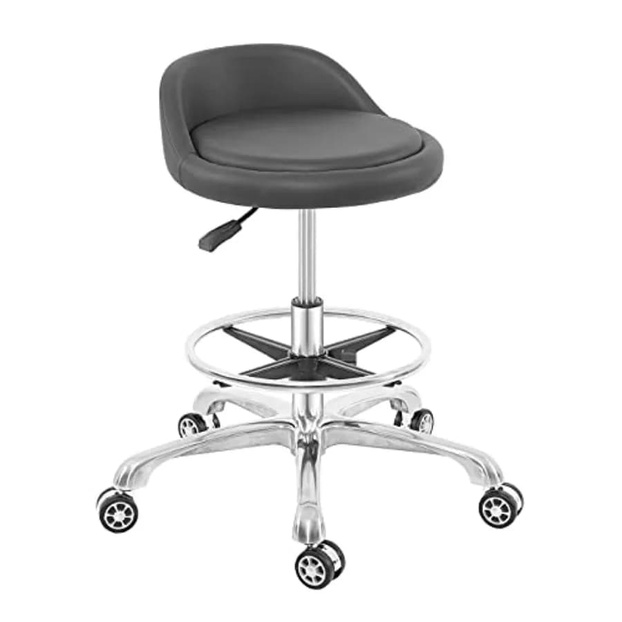 Sgabello Girevole Regolabile con Base in Metallo Resistente, Supporto per Schiena e Poggiapiedi per Ufficio, Casa, Negozio, Cucina, Salone di Bellezza