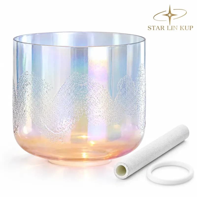 STAR LIN KUP 6 Inch Clear Quartz Crystal Singing Bowl Dawn Flowing Sand Design Cosmic Light Sound Healing Meditation Tool