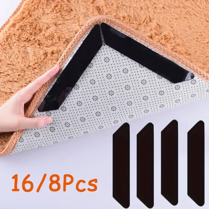 Adesivi Antiscivolo per Tappeti 16/8 Pezzi, Riutilizzabili e Lavabili, Patch Anti-arricciamento per Tappeti, Adesivi Fissanti per Tappeti e Moquette