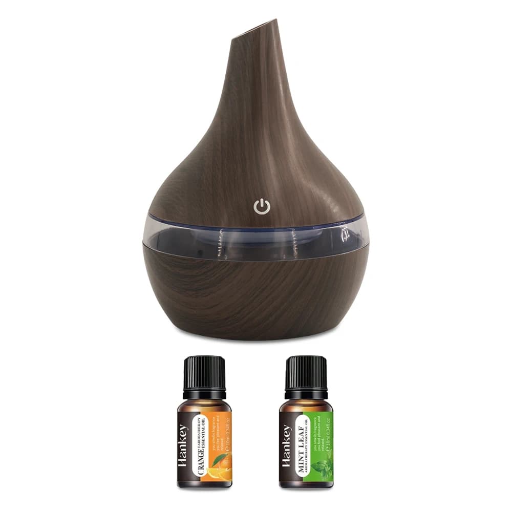 Umidificatore a venature del legno da 300 ml e diffusore di oli essenziali con 2 oli aromatici USB idratazione da tavolo