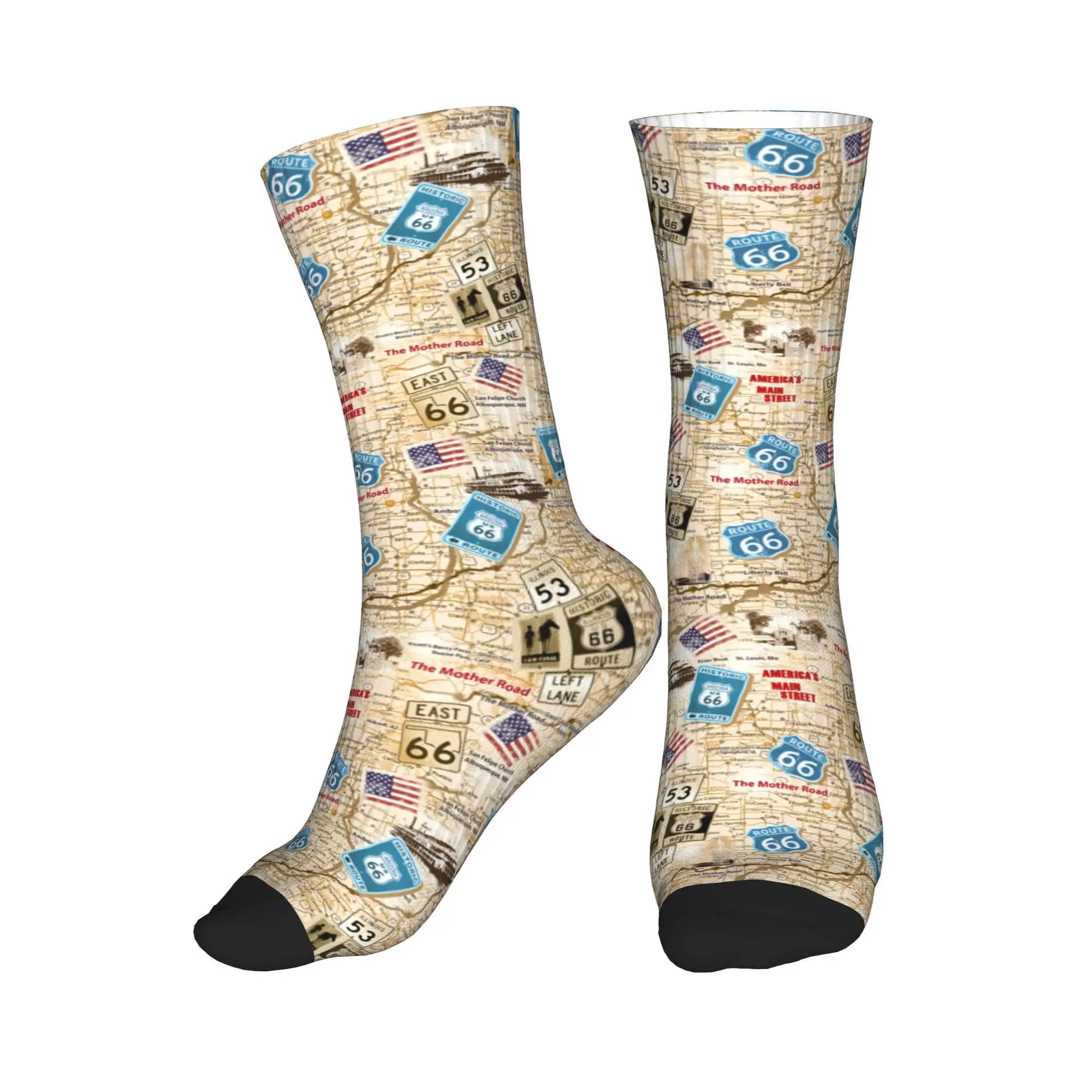 Calzini eleganti da uomo Kawaii Mother Road Route 66, calzini unisex caldi e comodi con stampa 3D America's Highway Crew