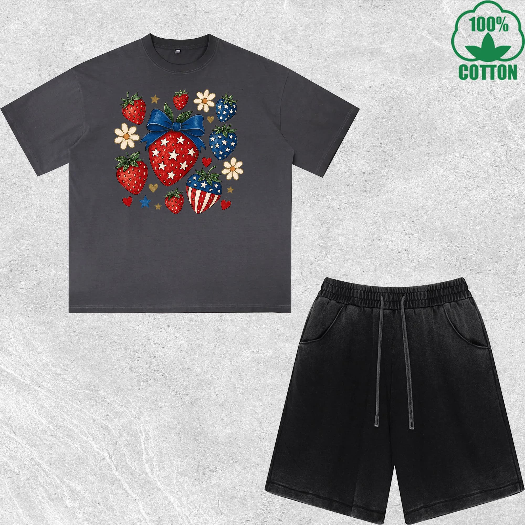 Set T-Shirt e Pantaloncini con Stampa Fragola Independence, Effetto Lavato, Multicolore, Stile Trendy e Comodo, 100% Cotone
