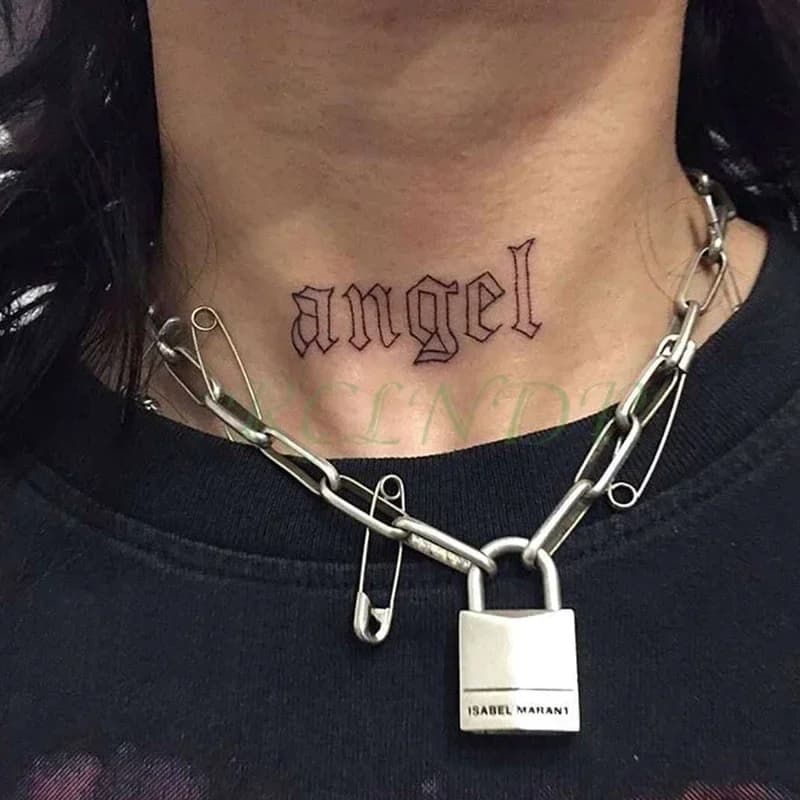 Adesivo tatuaggio temporaneo impermeabile collo parola nera angelo diavolo toro croce lettere inglesi flash tatoo tatuaggio finto per donna uomo