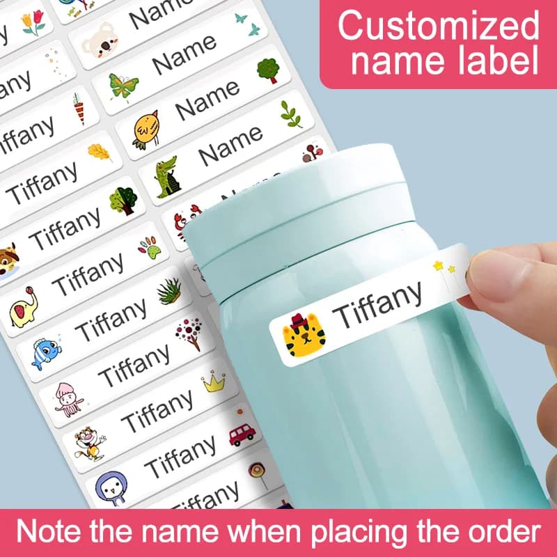 Personalized water resistant custom name stickers for bottle, lunch boxes and handicrafts for children - Labels with durable matt finish