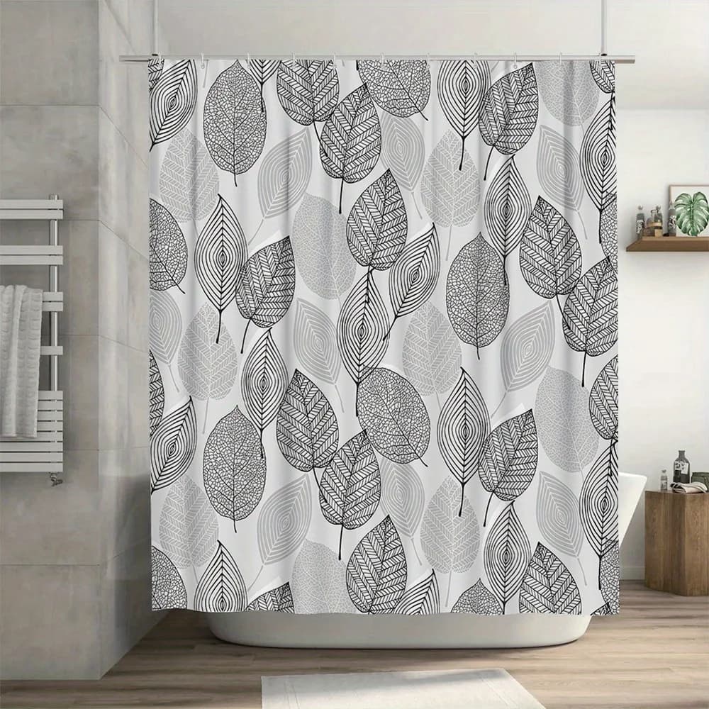 Tenda da doccia con motivo a foglie grigie da 1 pezzo con ganci, divisorio per bagno in tessuto poliestere, accessorio moderno per la decorazione della stanza della casa