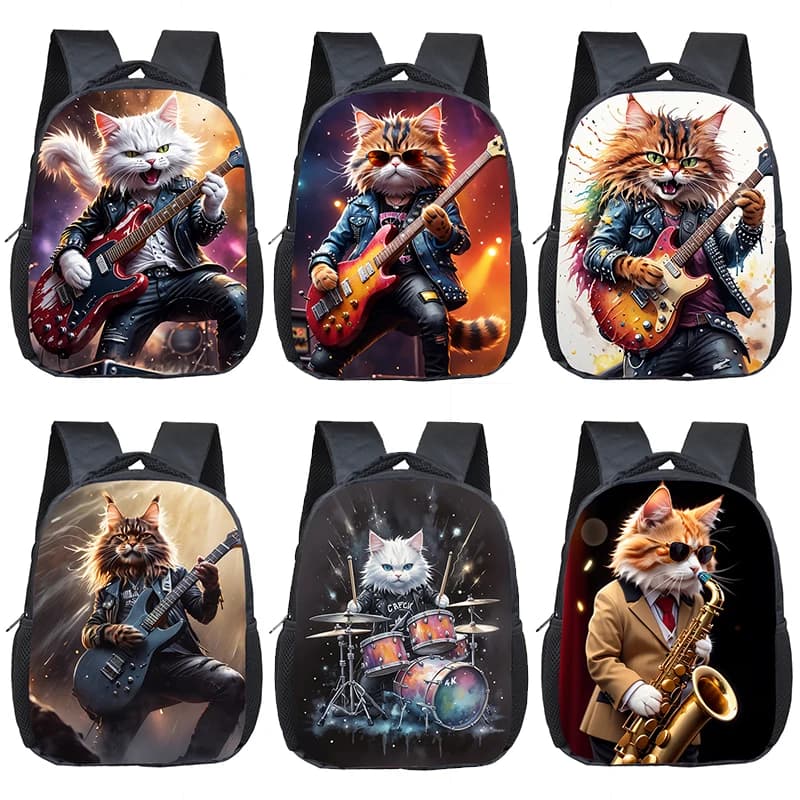 Zaino con stampa Hip Pop Cat Cool Cat che suona la chitarra e il tamburo Borse da scuola per bambini Borsa da libro per asilo per bambini