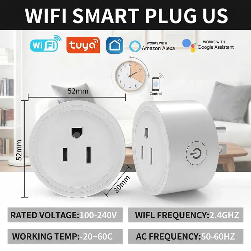 Smart WiFi USA socket with Energy Monitor – Compatible with Alexa and Google Home, Control via Tuya App and Timer Function, 120V socket for Home
