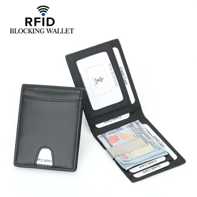 Portafoglio sottile in vera pelle con blocco RFID con clip Porta carte di credito ID da uomo Tasca frontale Bifold Morsetto in metallo maschile per soldi
