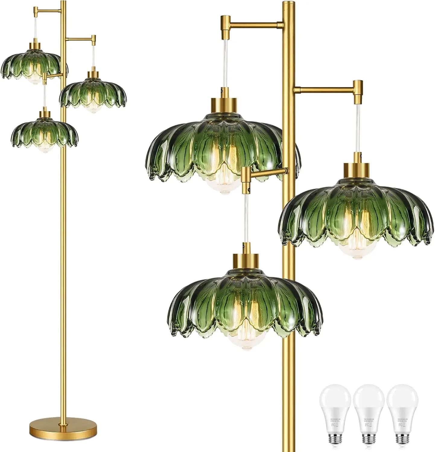 Lampada da Terra in Vetro per Soggiorno, Lampada Moderna Stile Mid-Century con 3 Teste Luminose, Lampada Alta a Forma di Albero in Ottone con Fiore Verde