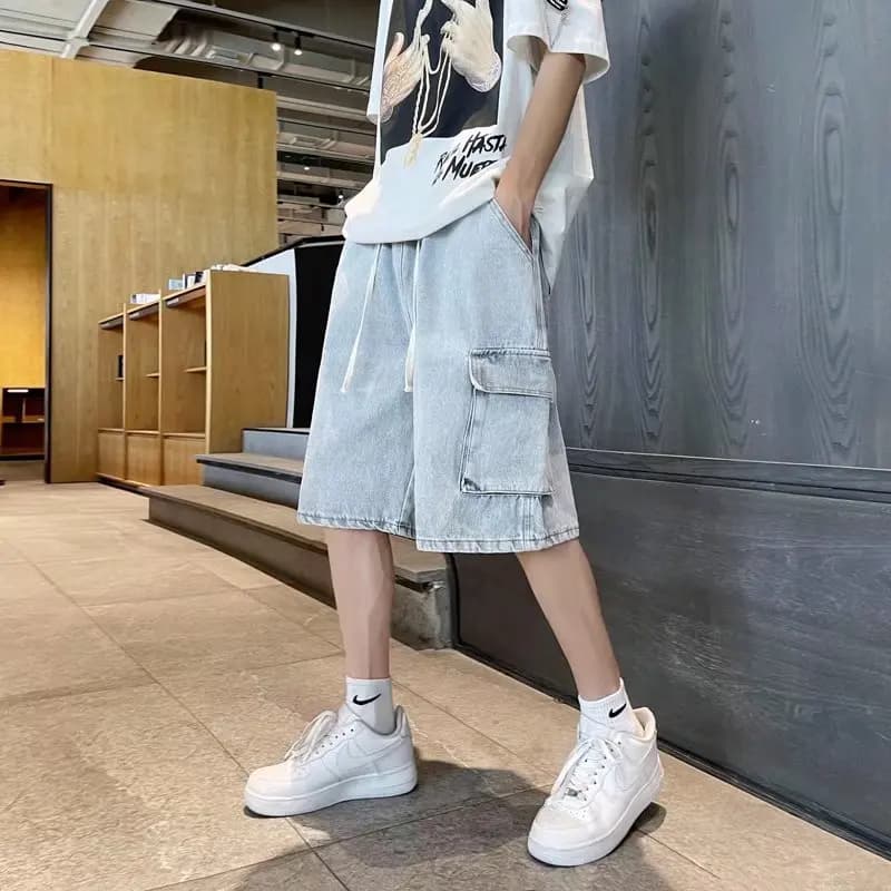 Casual Loose Fit Summer Thin Denim Shorts Men's Pants Trendy Wide Leg Five-Quarter Length Straight Leg Jeans for Youth