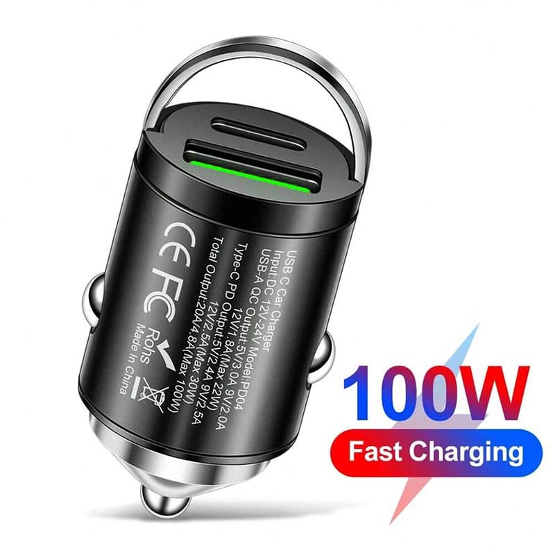 Car charger 12V-24V with cigarette lighter adapter, fast charging PD, QC 3.0, Mini USB Type C, car phone charger with removable ring for iPhone, Huawei, Xiaomi