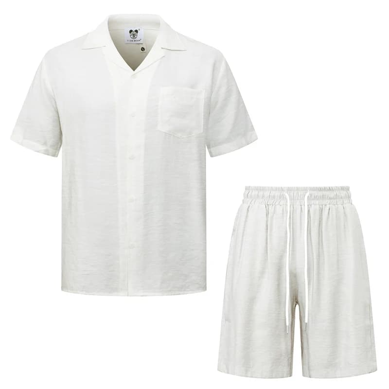 Complete coordinated shorts and shirt in silk-effect thin fabric, solid color, for man and woman, ideal for beach holidays, casual and comfortable style.