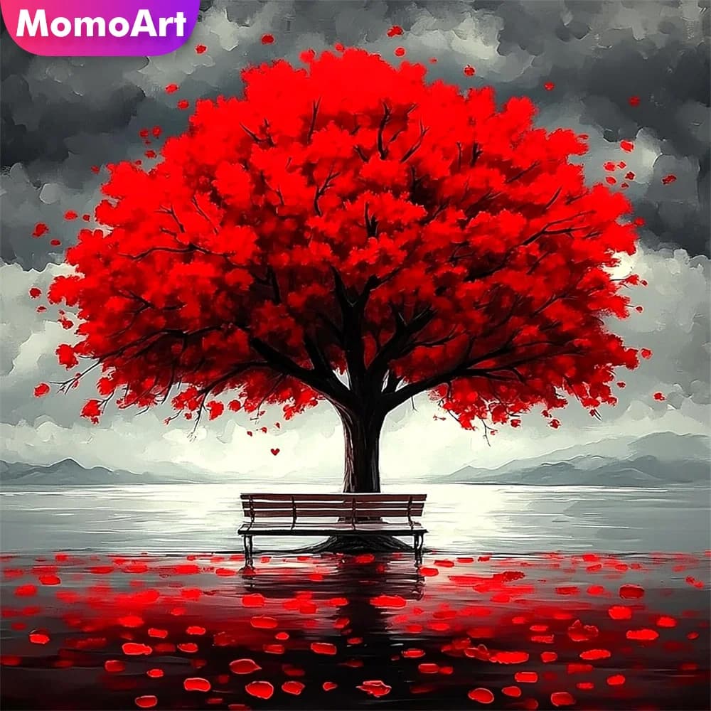 Momoart Pittura 5D con Diamanti Quadrati e Rotondi, Paesaggio con Albero, Forniture Artigianali in Acrilico, Ricamo a Punto Croce, Decorazione per la Casa