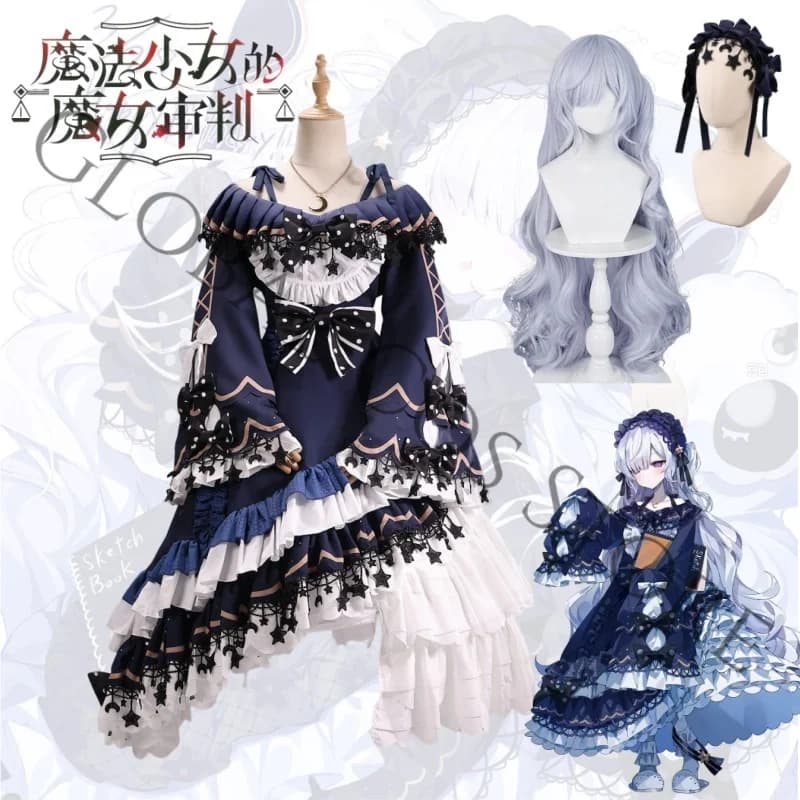 Natsume An-An Cosplay Costume Magical Girl Witch Trial Gorgeous Navy Blue Gothic Lolita Dress Headdress and Accessories Wig Set