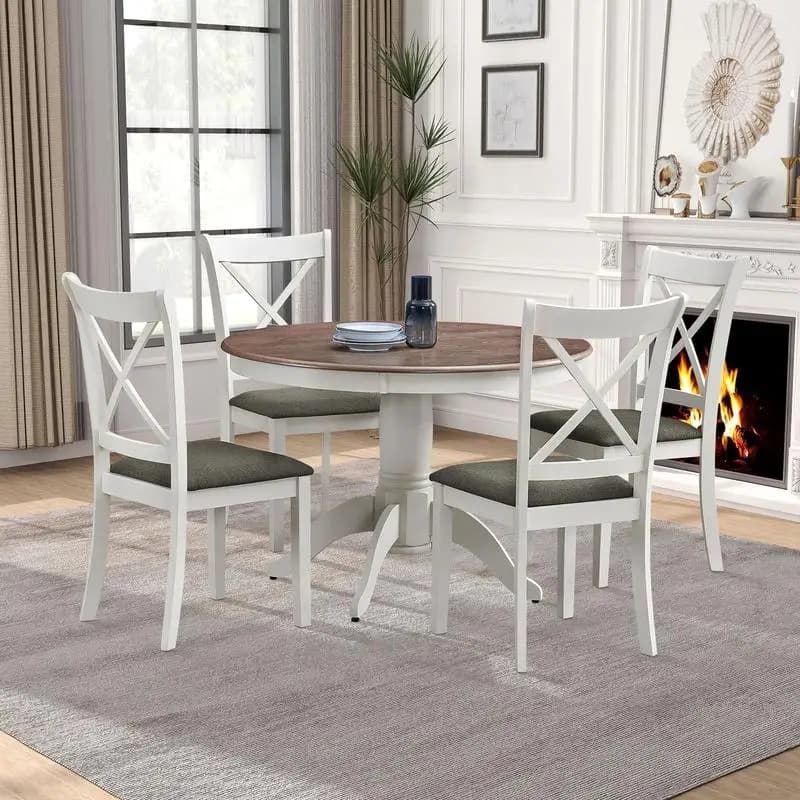 Set tavolo da pranzo in legno per 4 - Tavolo da cucina rotondo moderno con gambe a cavalletto curvo e sedie imbottite per risparmiare spazio