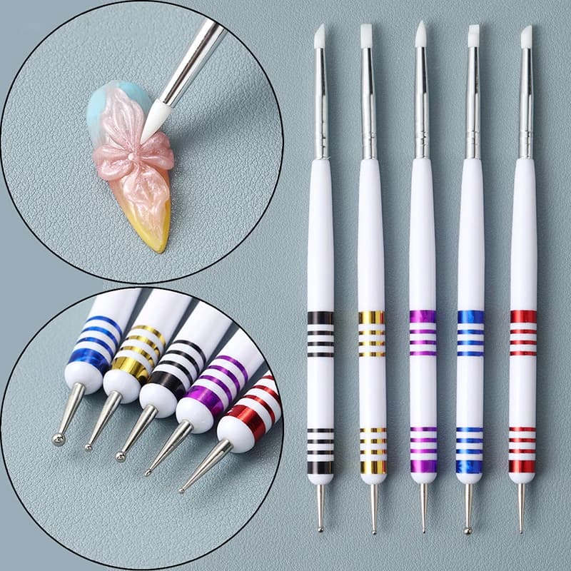 Z. Set da 5 Pezzi: Penna in Silicone a 2 Vie per Nail Art, Pennello per Gel per Intaglio e Modellatura, Penna per Dotting Fai da Te, Strumento per Disegno e Pittura Unghie