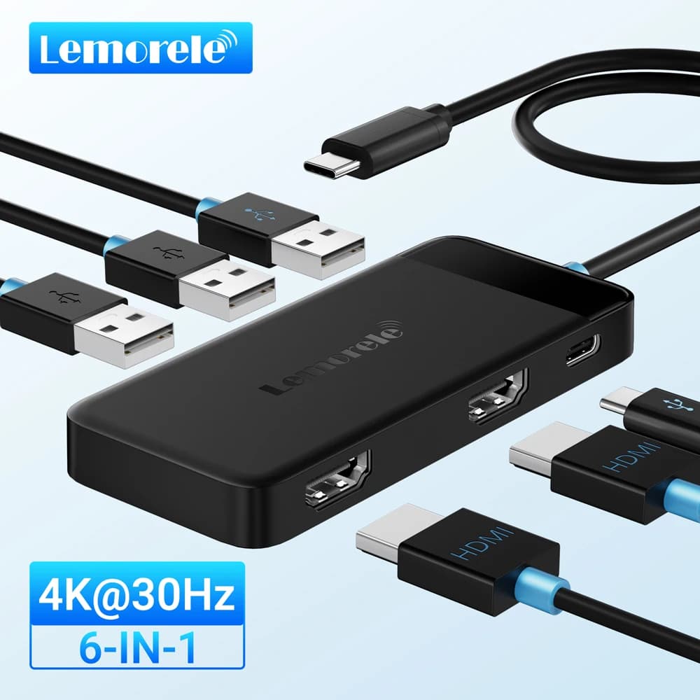 Lemorele TC122 USB C HUB 6-in-1 4K30Hz PD100W Adattatore splitter USB 3.0 per laptop MacBook Pro Air Docking station per espansore USB