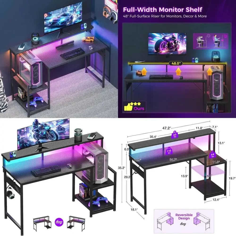 Ergonomic LED Gaming Desk, 48 Storage Computer Desk, Reversible Monitor Stand, Carbon Fiber Black