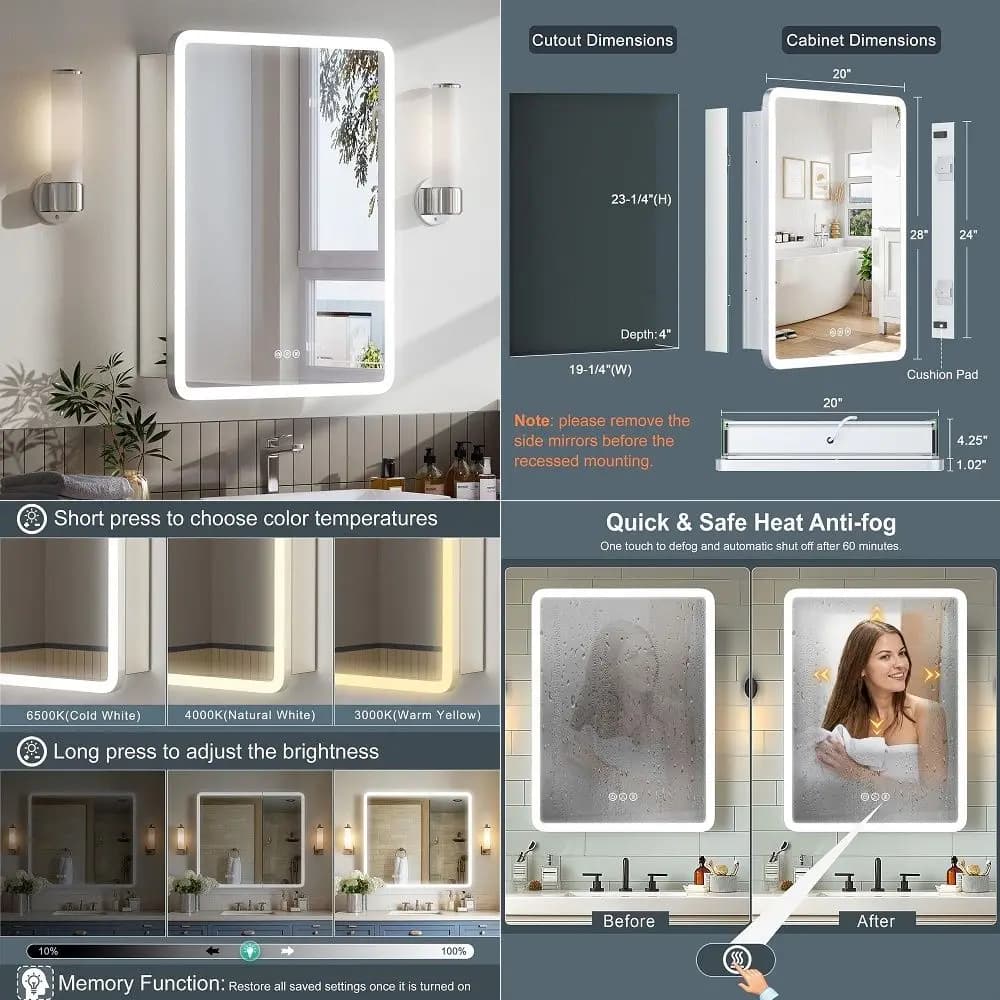 Inch WallMounted Medicine Cabinet, Bathroom Mirror Cabinet with 3Color LED Lighting, FogFree Glass amp Large Storage Shelves, C