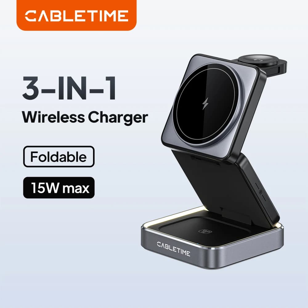 CABLETIME Supporto per caricabatterie wireless magnetico pieghevole 3 in 1 per iwatch Airpods iPhone 16/15/14 Samsung S23 S22 S21 Galaxy Watch