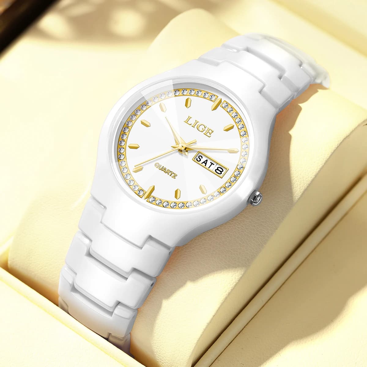 LIGE Luxury Women's Watch Quartz Wrist Watch Fashion Waterproof Date Weekly Full Ceramic Women's Watches Relojs + Box