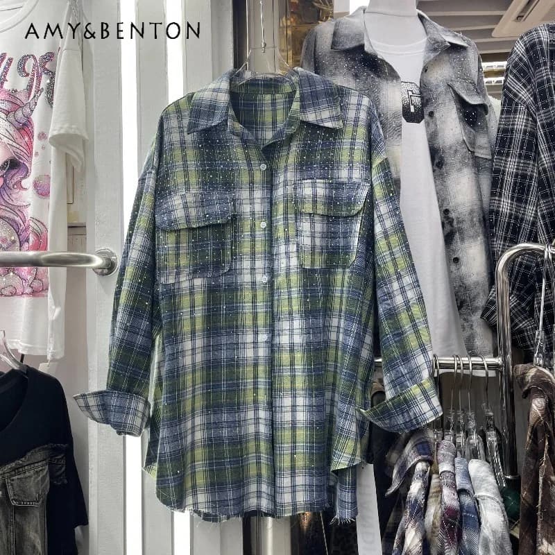 Camicia Giacca a Quadri da Donna, Nuovo Cardigan Primaverile, Top Lungo Morbido Y2K, Blusa Casual Monopetto a Maniche Lunghe, Abbigliamento Trendy