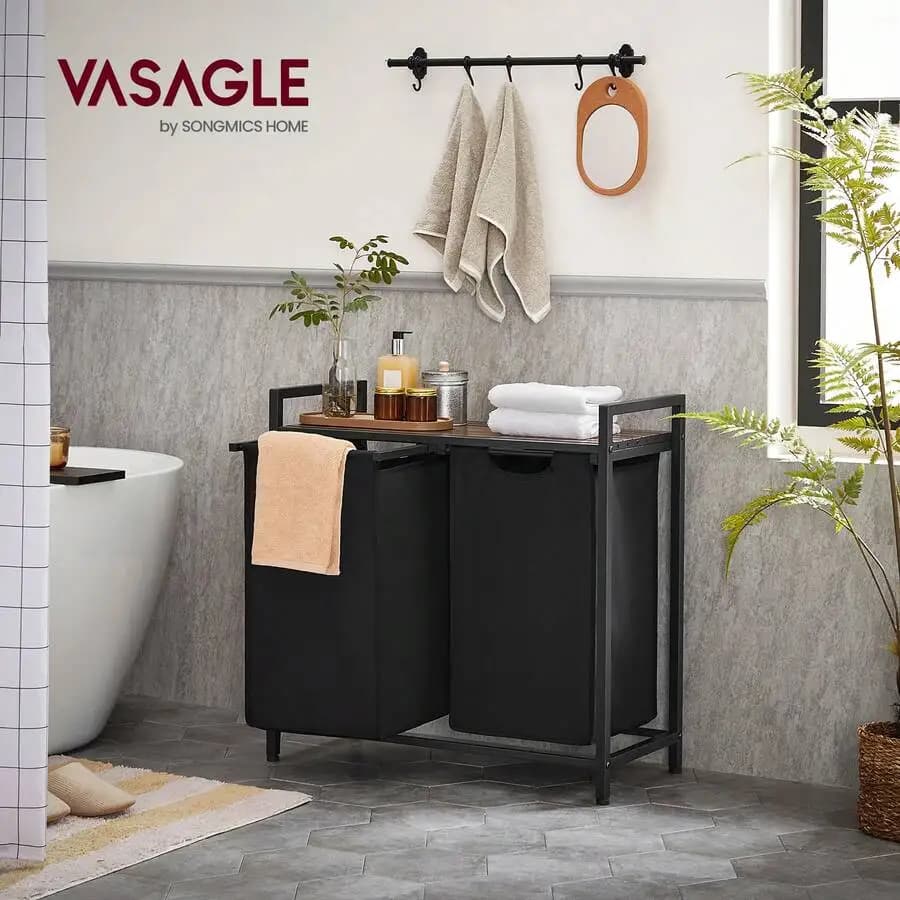 Cesto per Bucato, Organizzatore per Bucato con 2 Sacchi Estraibili e Rimovibili, Ripiano, Struttura in Metallo, 2 X 46 Litri (12,1 Galloni)
