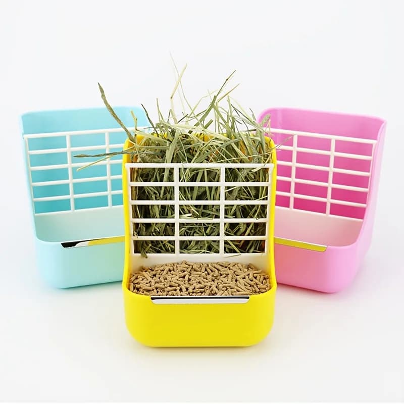 2‑in‑1 Hay Food Feeder Bowl Cage Mount Anti‑Rollover Anti‑Bite Hay Container for Rabbit Pig Chinchilla Small Pet Feeding Supply