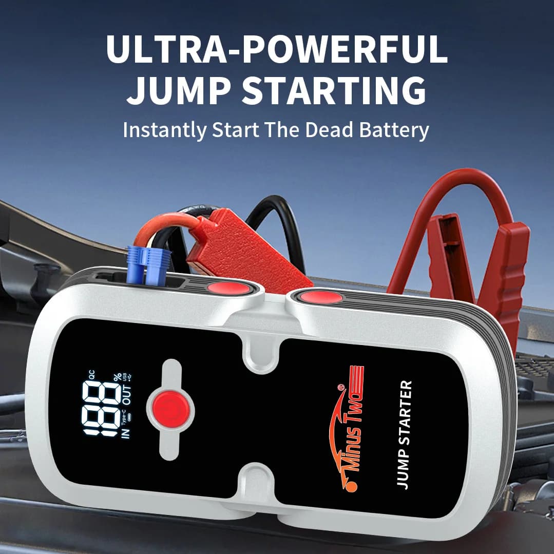Avviatore d'emergenza super veloce per motori a benzina e diesel, power bank compatto con ricarica rapida USB e torcia LED.