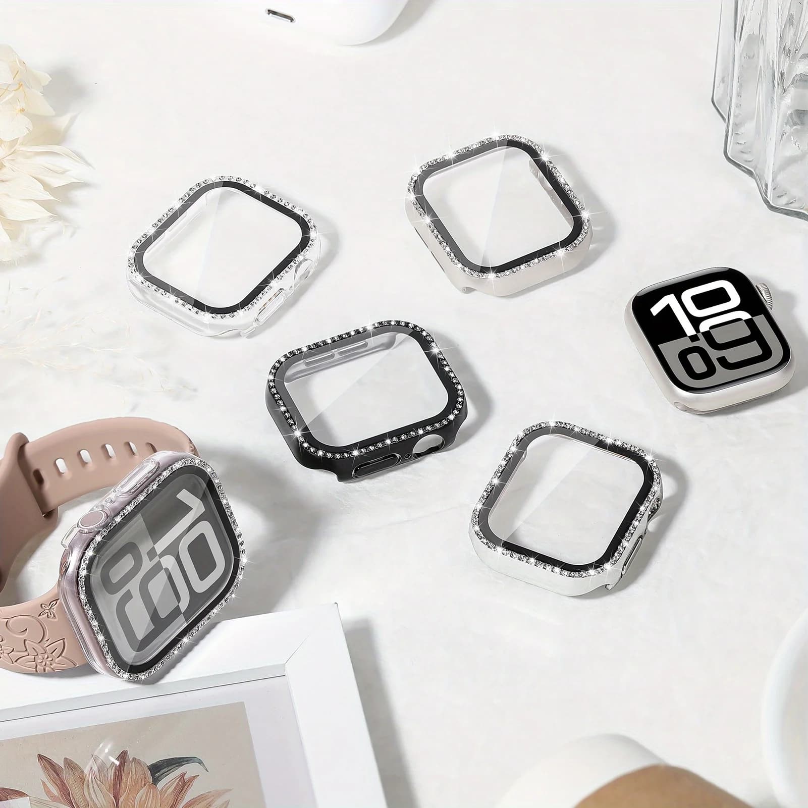 Vetro + copertura diamante per Apple watch 10 custodia 42mm 46mm 40mm 44mm 41mm 45mm Bling protezione paraurti iWatch serie 9 4 5 6 7 8 se
