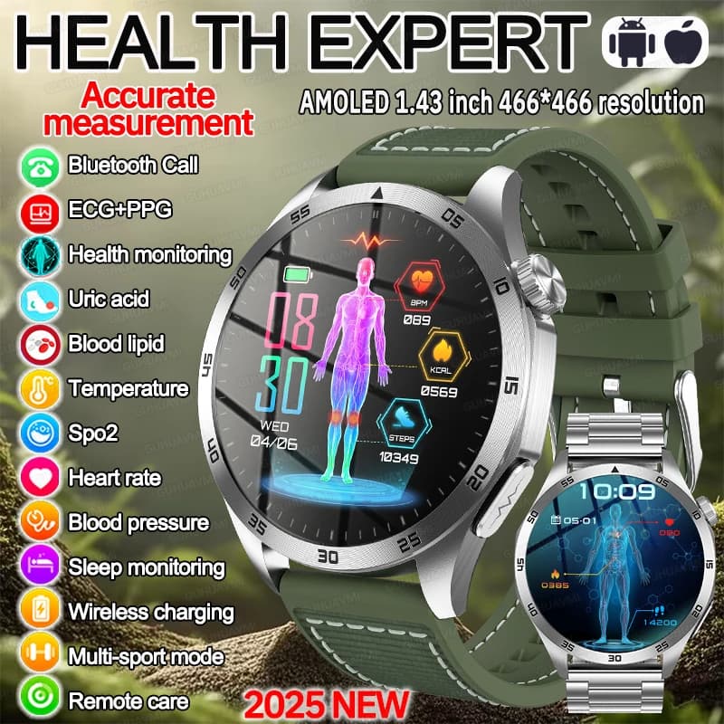 2025 NUOVO Assistente per la traccia della salute Orologio intelligente Lipidi nel sangue Acido urico Pressione sanguigna ECG + PPG Pressione sanguigna HD Orologio per chiamate Bluetooth