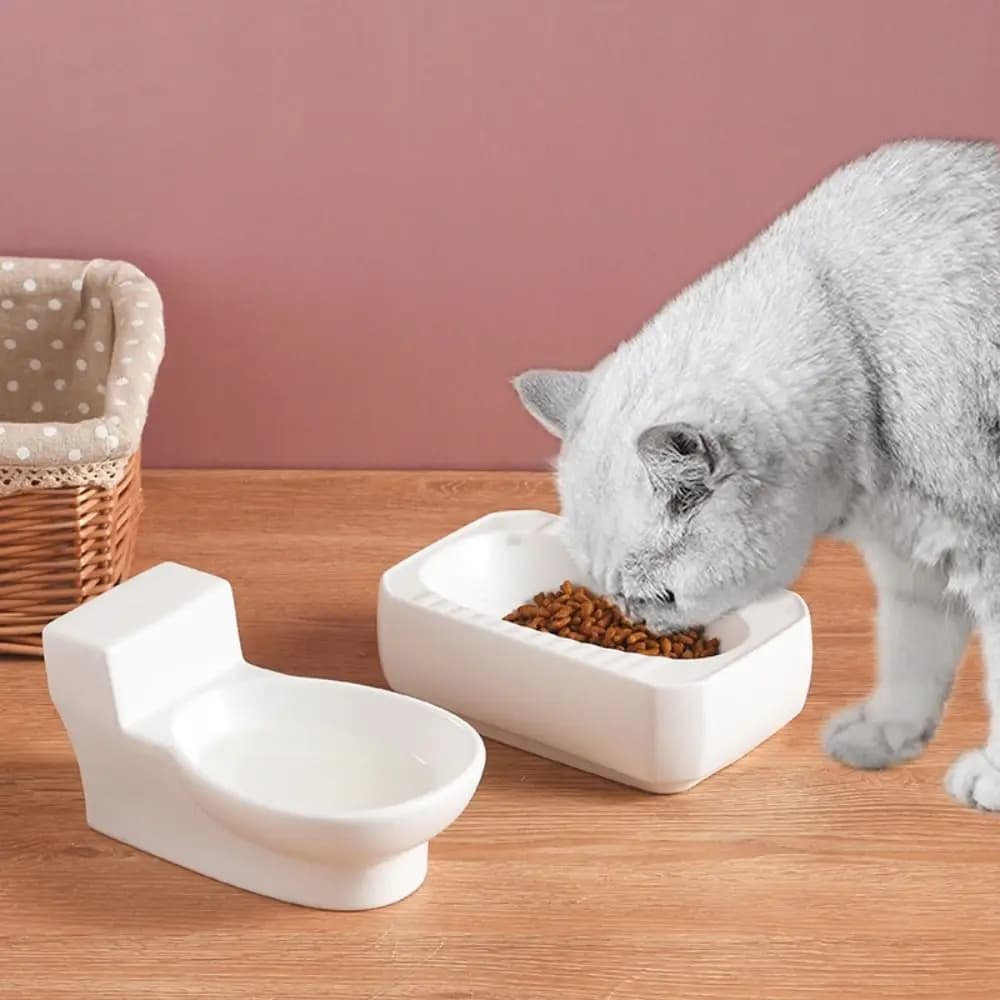 Ciotola per Gatti a Forma di WC in Ceramica, Antiscivolo, per Alimenti, Protegge la Colonna Cervicale, Divertente Mangiatoia per Gatti