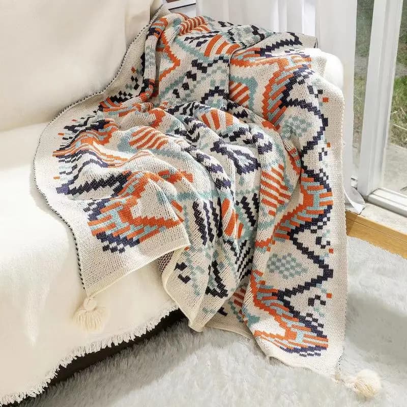 Coperta lavorata a maglia per divano con frange, decorazioni per la casa in stile Boho, piccola coperta morbida e accogliente per divano o all'aperto, morbide coperte lavorate a maglia con nappe