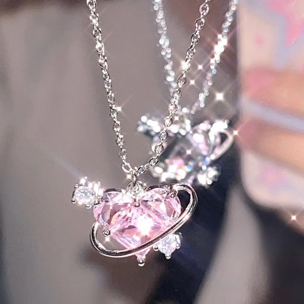 Y2K Pink Planet Heart Necklace with zircone pendant Fashion woman Aesthetic chain necklace with clavicle Valentine's Gift Party Jewelry