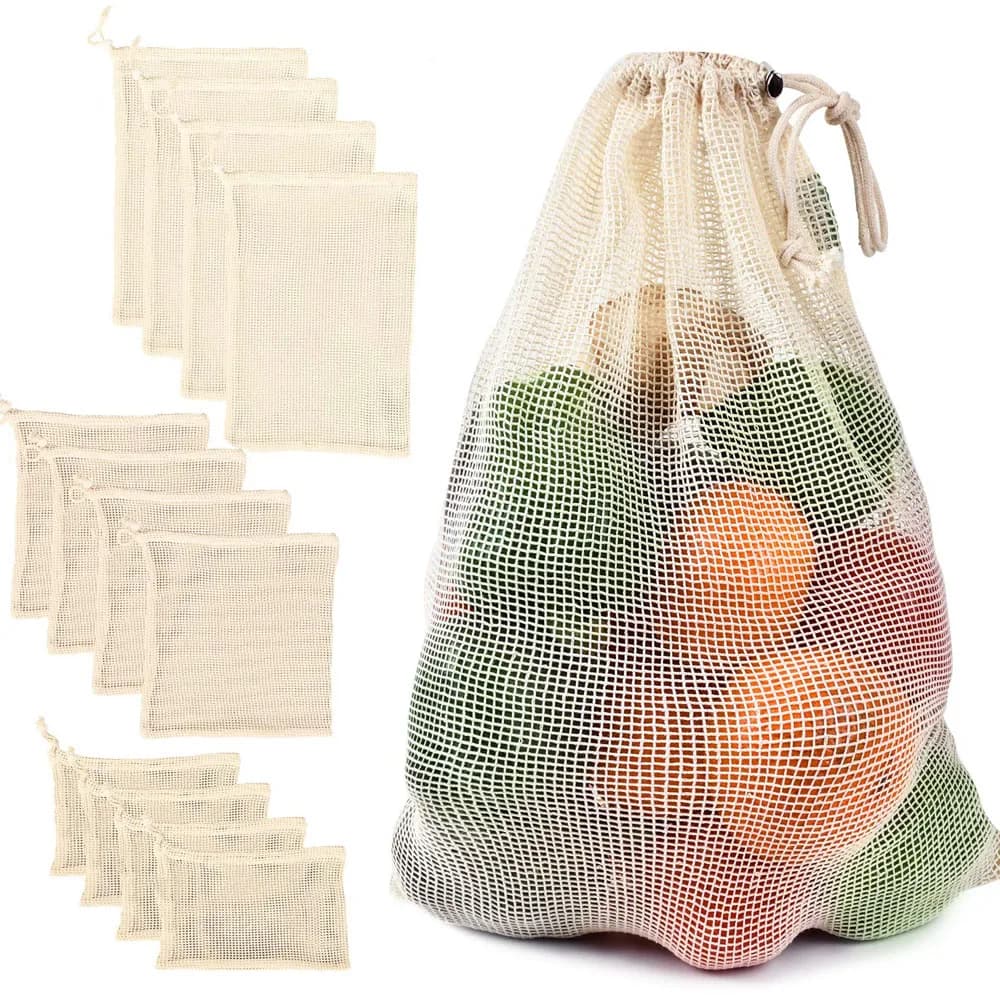 Sacchetti di verdure in rete di cotone producono borsa riutilizzabile in rete di cotone borsa per la conservazione di verdure cucina frutta verdura con coulisse