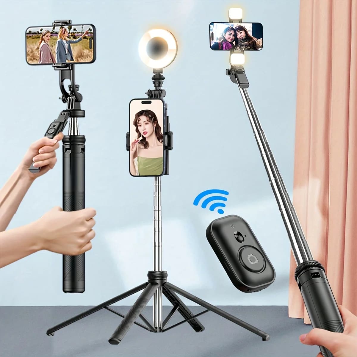 Telefono cellulare a quattro assi selfie stick fotocamera wireless treppiede telescopico anti-vibrazione supporto da pavimento per trasmissione in diretta universale