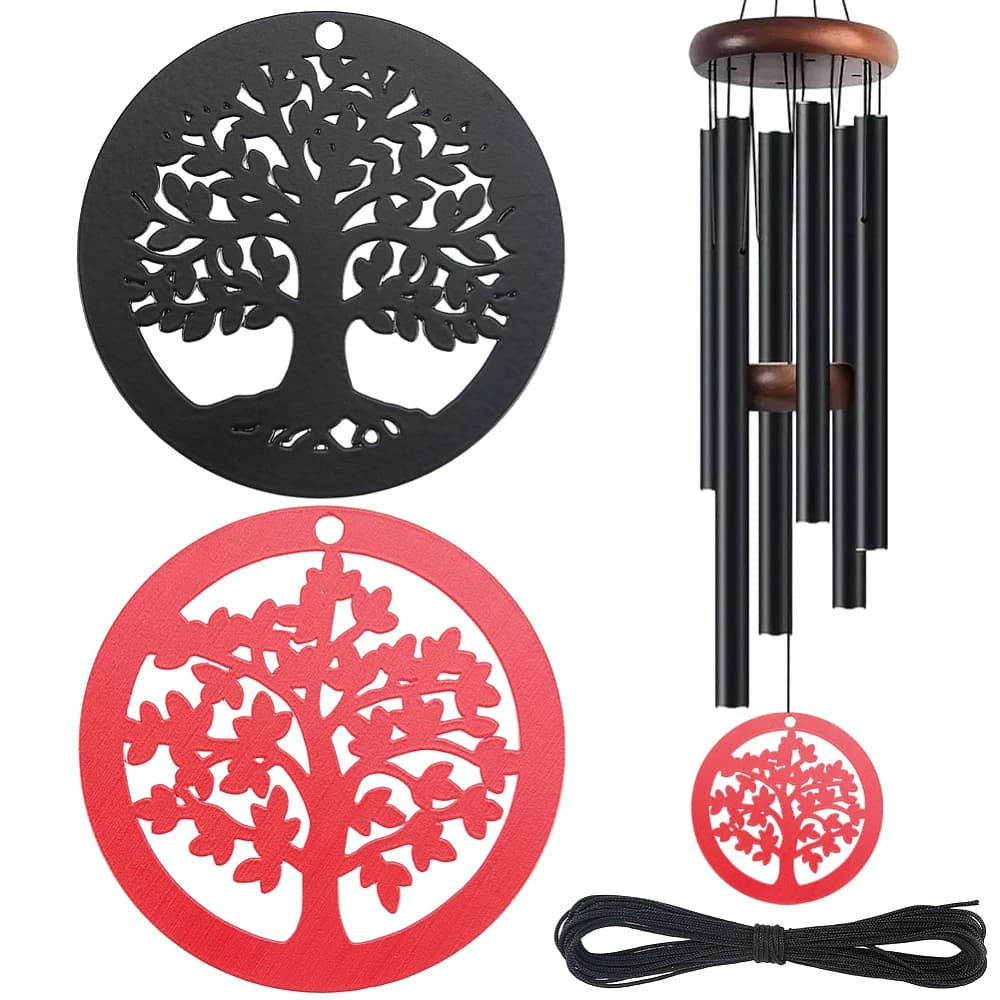 2Pcs Metal Wind Chime Parts Replacement Wind Catcher Decorative Black Red Tree of Life with 16.4 Feet Nylon Cord Windchime Sail
