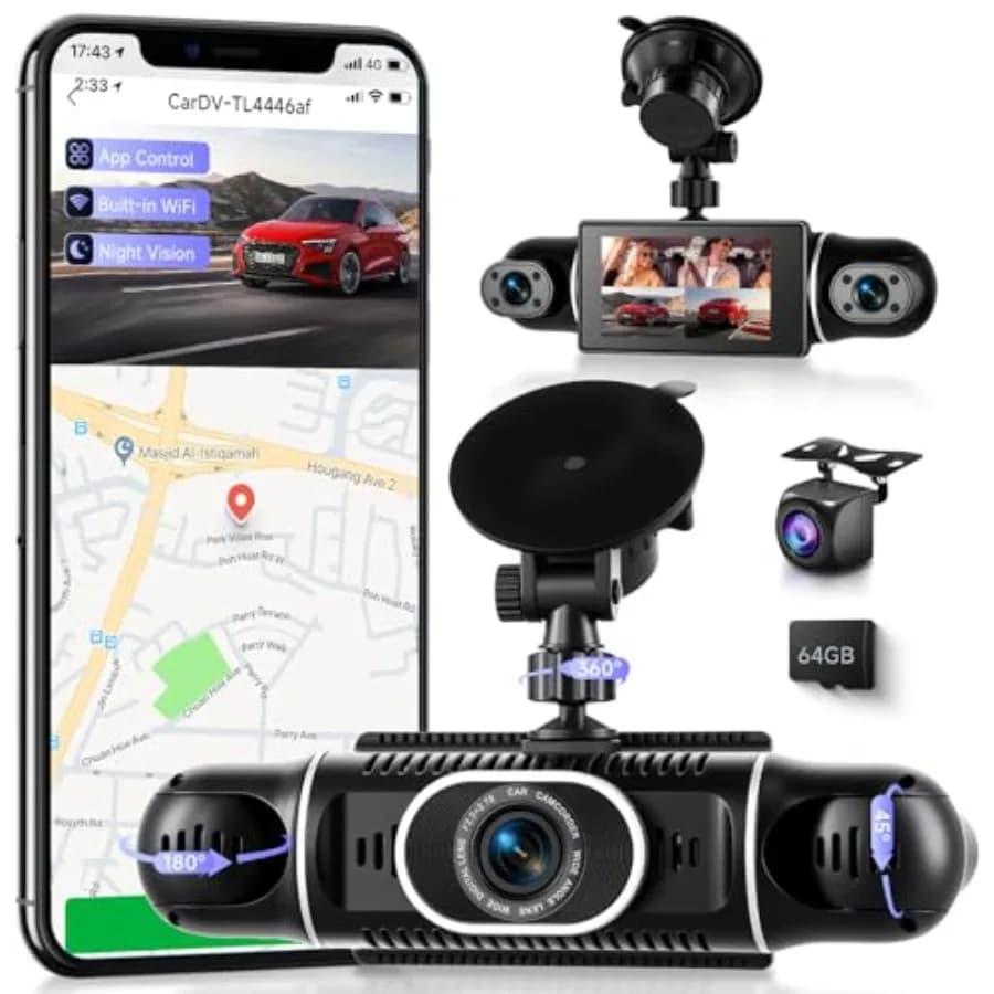 Dash cam per auto per uso anteriore/posteriore/interno/laterale, in plastica ABS, nera, copertura a 360° con risoluzione FHD 2K+1080P×3, WiFi, controllo tramite APP