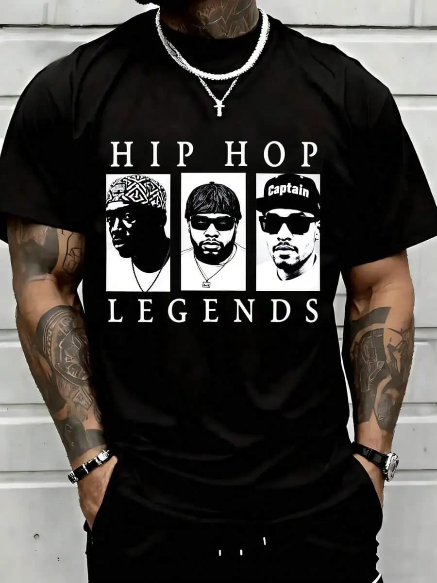 T-shirt da uomo 100% cotone con grafiche di leggende del hip hop che celebrano l'iconica cultura rap con stile audace