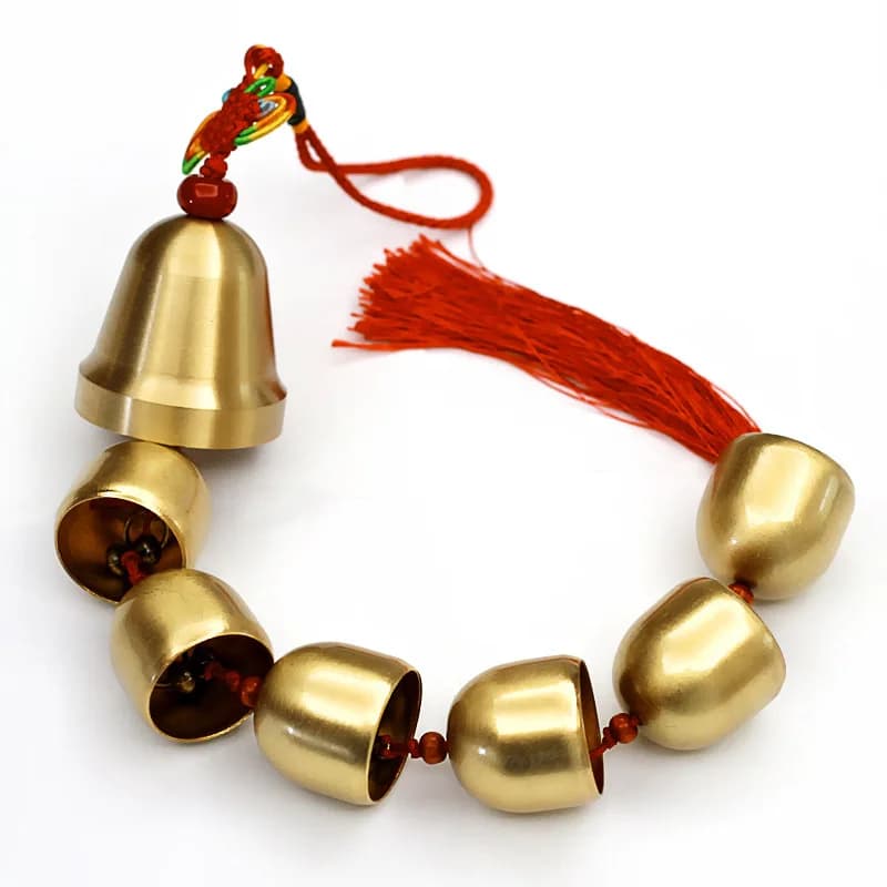 Retro seven star bell, Feng shui wind chimes metal pure copper bell pendant. Red and yellow tassels home hanging ornaments