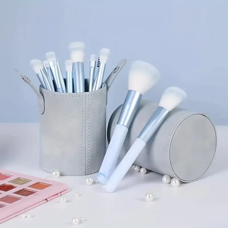 Set of 12 Blue Makeup Brushes for Fondotinta, Corrector, Blush, Cypria, Umbrella, Kabuki, Soft Cosmetic Tools for Women