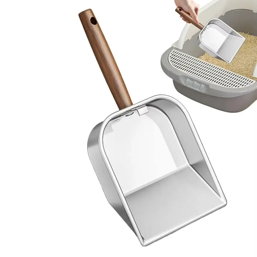 Paletta per Lettiera per Gatti in Acciaio Inox con Manico Lungo in Legno, Raccoglitore di Rifiuti per Animali Domestici, Facile da Pulire, Superficie Antiaderente, Paletta per Escrementi di Gattini