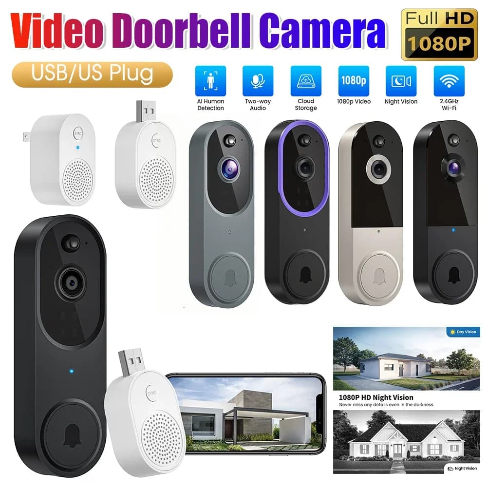 Campanello senza fili 1080P Telecamera per visione notturna Videocitofono senza fili Rilevazione del movimento Audio video bidirezionale Campanello Home Office