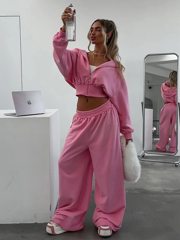 Kliou Casual Sportivo Set da 2 pezzi Cardigan con zip da donna Giacca corta con cappuccio a maniche lunghe + Pantaloni lunghi in vita elastica Abiti di moda quotidiana